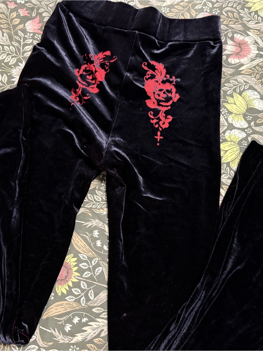 Killstar Black Velvet Flare Leggings with Burgundy Skills